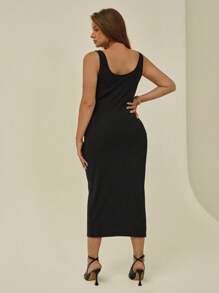 Auralis Women Plus Size Square Neckline Button Decor Striped Texture Fabric Black Tank Dress With Front Slit