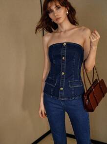 MOTF PREMIUM 金属翻盖细节牛仔上衣 - 藍色 - 查看 5