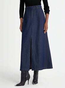 Daynim 女式休闲开衩长款牛仔裙 - 深色水洗藍 - 查看 1