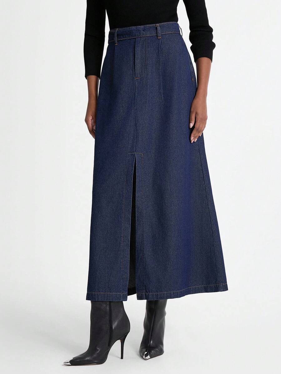 Daynim 女式休闲开衩长款牛仔裙 - 深色水洗藍 - 查看 1