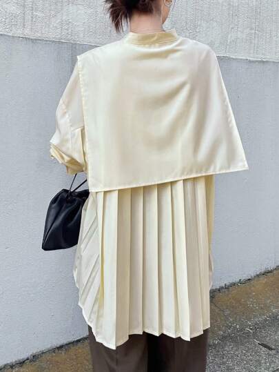 FRIFUL 女式立领披肩装饰后褶休闲宽松芥末黄长袖衬衫，正式秋季上衣