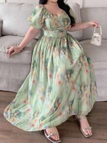 Dazy Plus 花朵泡泡袖高腰中长连衣裙，春夏度假风格 - 綠色 - 查看 8