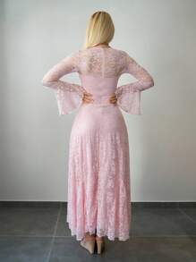 Sweetina Đầm dài hở lưng phối lưới ren chắp vá có gọng - Hồng - Xem 2