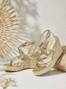 Styleloop Apricot Wedge Heel Thick Sole Sandals, Elegant Casual Vacation Party Date Wedding Banquet Bohemian Western Music Festival Wear - Gold - View 2