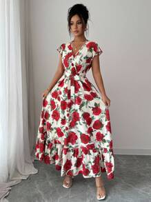 Elenzga 夏季新款优雅V领盖袖系带腰连衣裙