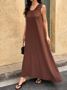 Breezaya Women's Sleeveless Solid Color Long Casual Summer Dress - Coffee - View 4