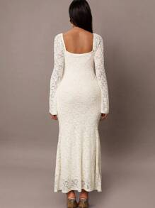 MaterniChic Maternity Lace Dress  Autumn And Winter Fall Women Clothes Maternity Elegant Contrast Lace Bell Sleeve Dress Winter Dresses For Women - Apricot - View 2