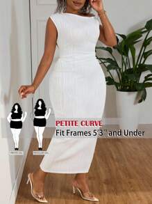 SHEIN PETITE CURVE 夏季新款优雅派对日常约会斜肩单肩露肩前褶修身长裙波浪纹理针织面料白色女装连衣裙 - 白色 - 查看 1