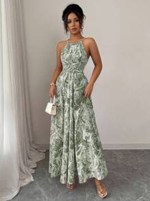 Elenzga Đầm suông in họa tiết không tay cổ bẻ eo bồng bềnh cho nữ - màu xanh lá - Xem 3