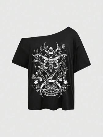 Goth Camiseta básica suelta de manga asimétrica negra con motivos góticos misteriosos de bruja, mariposa, estrella y planta, talla grande, para verano
