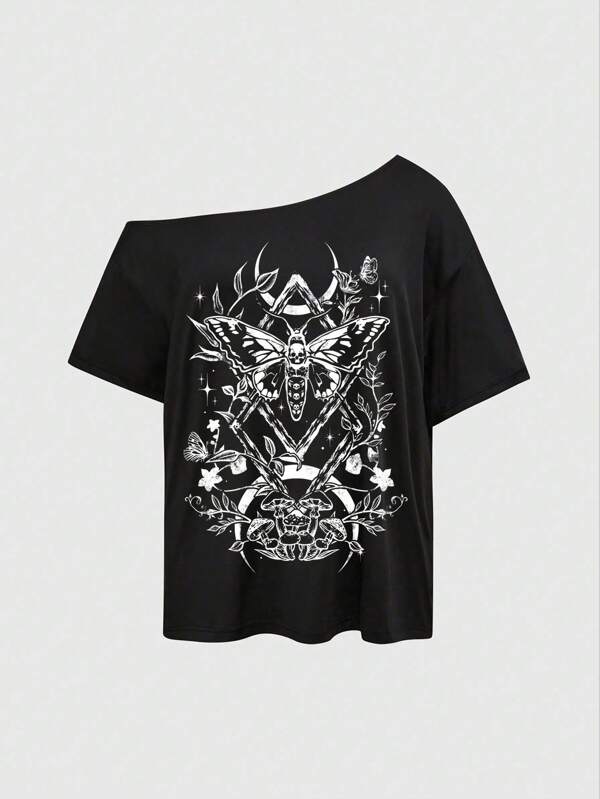 ROMWE Goth Gothic Mysterious Dark Witch Moth Star Plant Asymmetrical Shoulder Black Basic Loose T-Shirt, Plus Size, Summer