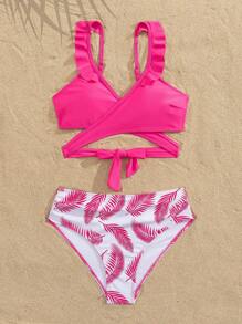 SHEIN Swim Women's Solid Fuchsia Minimalist Camisole Top And Leaf Print Swimwear Bottom Set For Summer Beach Vacation