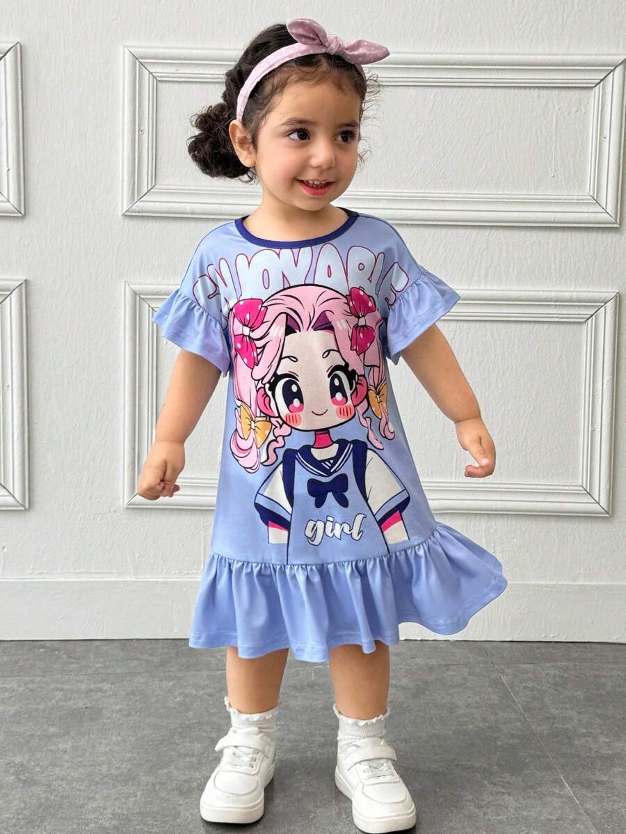 SHEIN Baby Girls' Loose Casual Simple Comfortable Round Neck Pullover Cartoon Pattern Ruffle Hem Dress - Blue - View 1