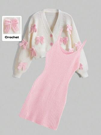 Kawaii Plus Size Bow Decor Cardigan & Knit Dress 2 Pieces Set