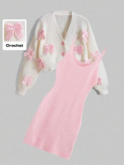Kawaii مجموعة من قطعتين شاملة الفخامة: كارديجان مزين بفيونكة و فستان محبوك