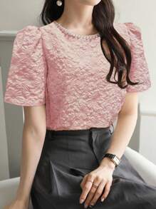 DAZY Women's Elegant Wedding Guest Wear Bubble Sleeve Crew Neck T-Shirt With Pearl Beads, Summer