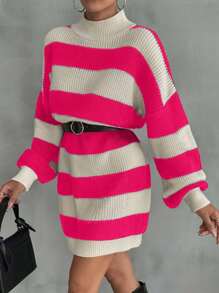 EURMUSE Women Drop Shoulder Sweater Dress With Striped Pattern,Petite - Hot Pink - View 4