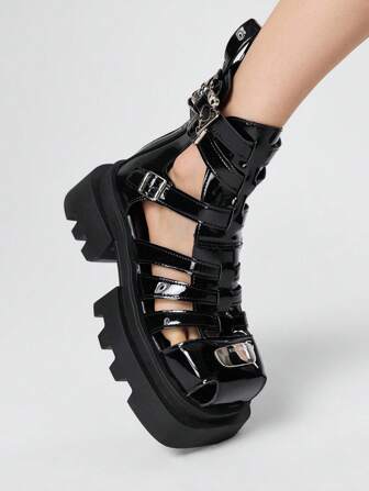 Grunge Punk Women's Woven Roman Style Hollow Out Platform Boots Boots, Thick Sole Boots Square Toe Short Boots, Summer 2025 New Arrival