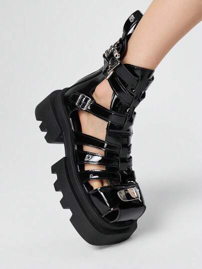 Grunge Punk Women's Woven Roman Style Hollow Out Platform Boots Boots, Thick Sole Boots Square Toe Short Boots, Summer 2025 New Arrival