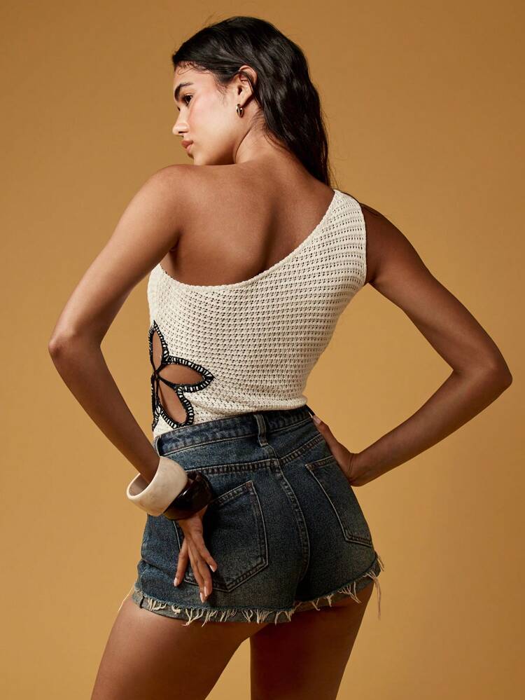 MISSGUIDED Summer Resort Crochet Monokini Cut Out One Shoulder Waist Flower Detail Beach Swimsuit Vacation Swimming Pools Swimwear