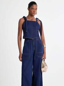 Daynim 女士夏季宽松休闲牛仔吊带背心 - 深色水洗藍 - 查看 6