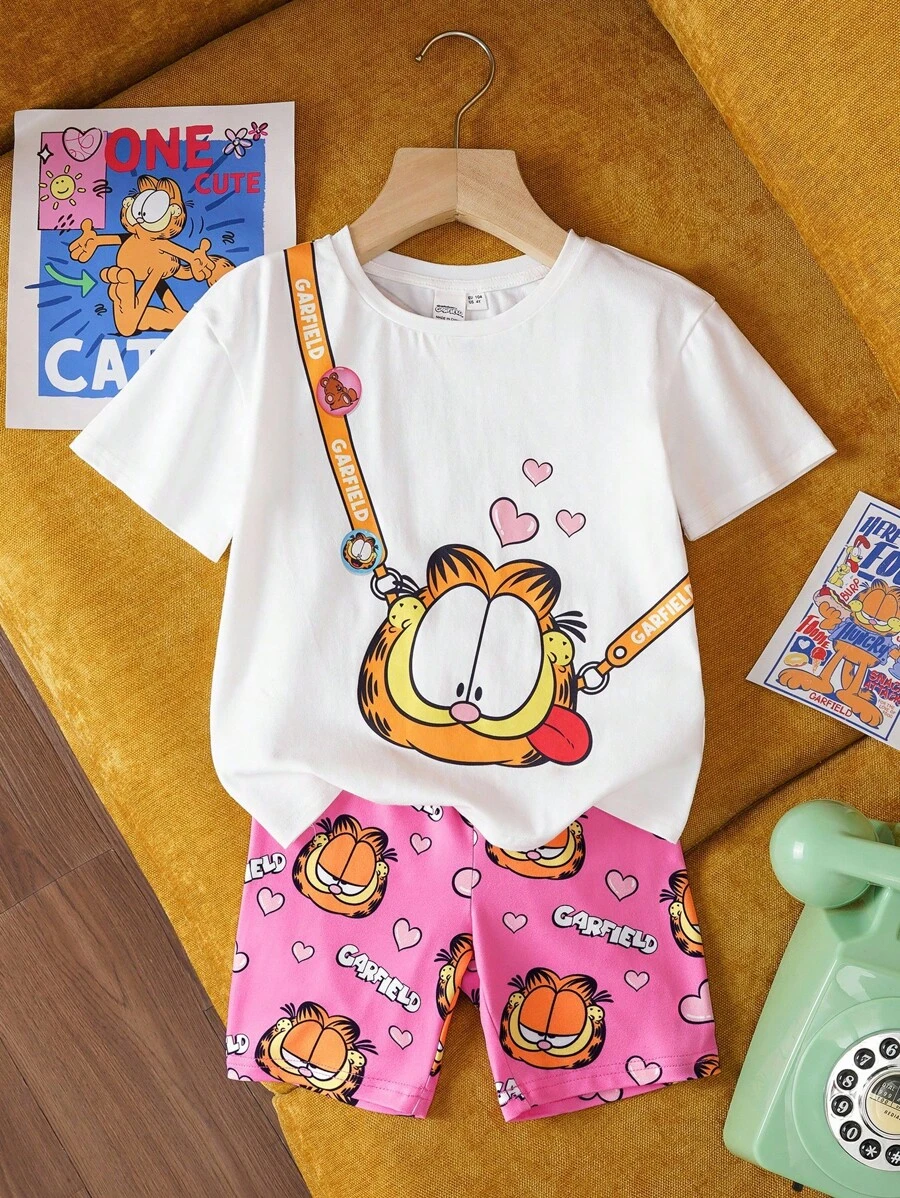 GARFIELD | SHEIN Bộ quần short màu hồng ngọt ngào họa tiết hoạt hình cho bé gái trẻ - Màu Hồng Tươi - Xem 1
