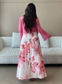 Vibekara 大码女式优雅花卉印花超长连衣裙，腰带透明短夹克，两件套 - 彩色 - 查看 4