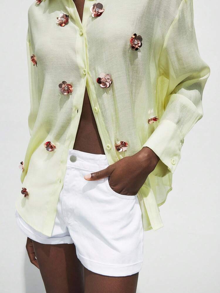 SHEIN Maija Women's Textured Long Sleeve Shirt With 3D Beaded Flower Decor, Business Casual Vacation Style