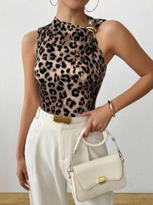 SHEIN LUNE Áo ba lỗ họa tiết da báo trang trí kim loại mùa hè, thời trang - màu nâu - Xem 4