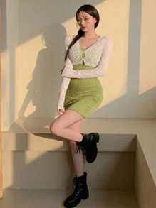 DAZY 女士休闲百搭长袖蕾丝透视春夏上衣外出上衣透明 - 白色 - 查看 2