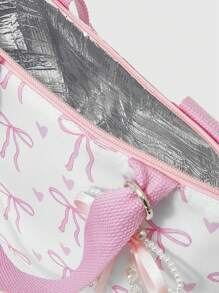 ROMWE Kawaii Large Capacity Insulated Lunch Bag With Bow Print, Fashionable Cute Portable Hot Cold Food Container - White - View 5