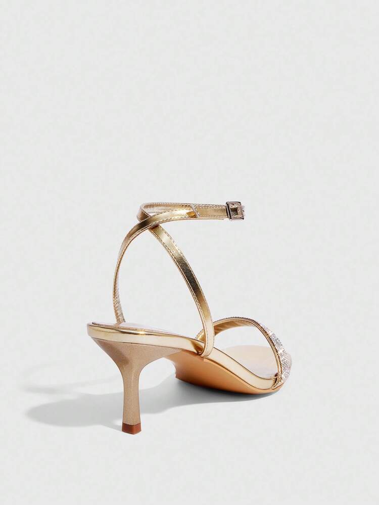 CUCCOO SZL Women's Gold Metal PU Silver Rhinestone Decor Strap Square Toe Fashion Sexy Glamorous Party Clubwear Kitten Heel Sandals For Christmas
