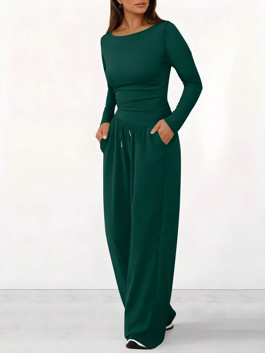 INAWLY 2pcs Women Solid Fitted Long Sleeve Top And Drawstring Long Pants Set Fall Cloth For Women - Dark Green - View 1