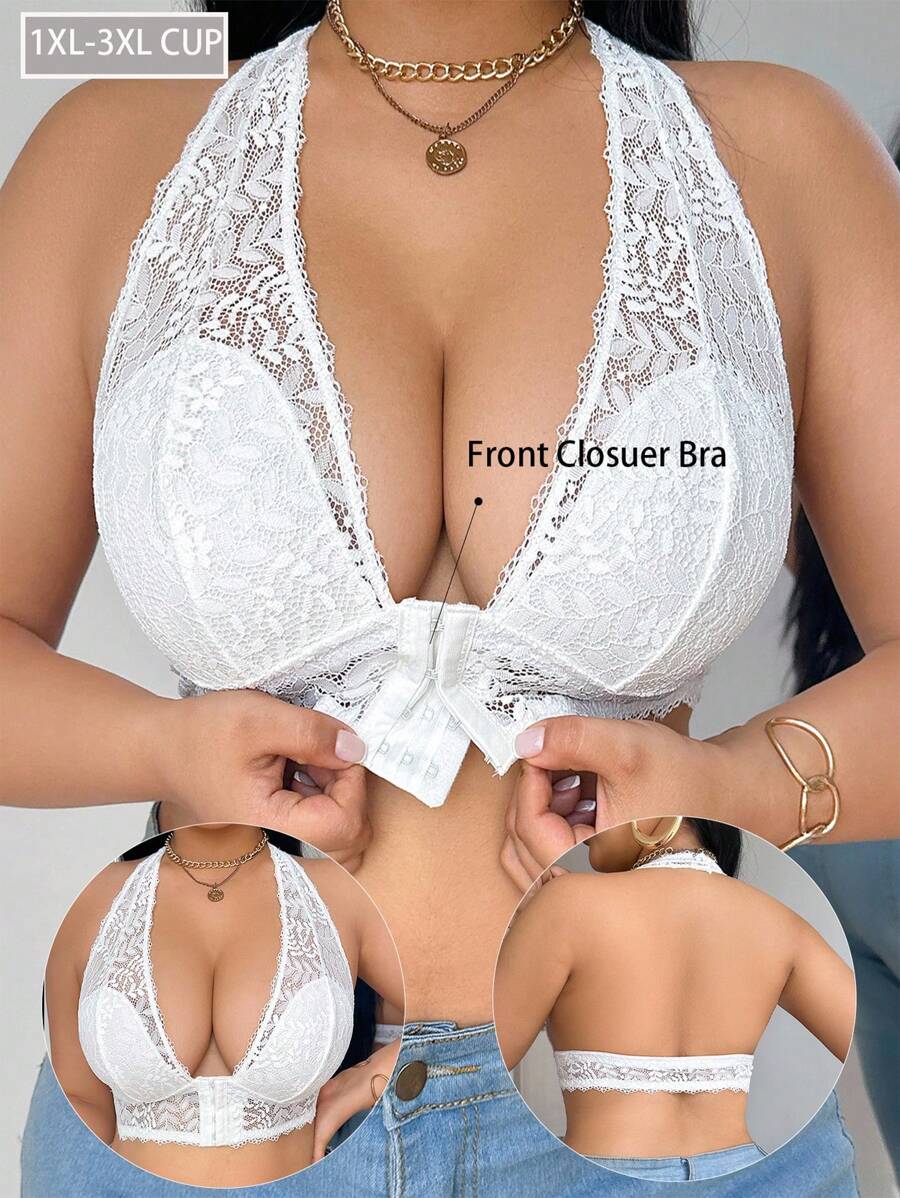 SHEIN Áo ngực ren hở lưng màu trơn thanh lịch gợi cảm cỡ lớn - trắng - Xem 1