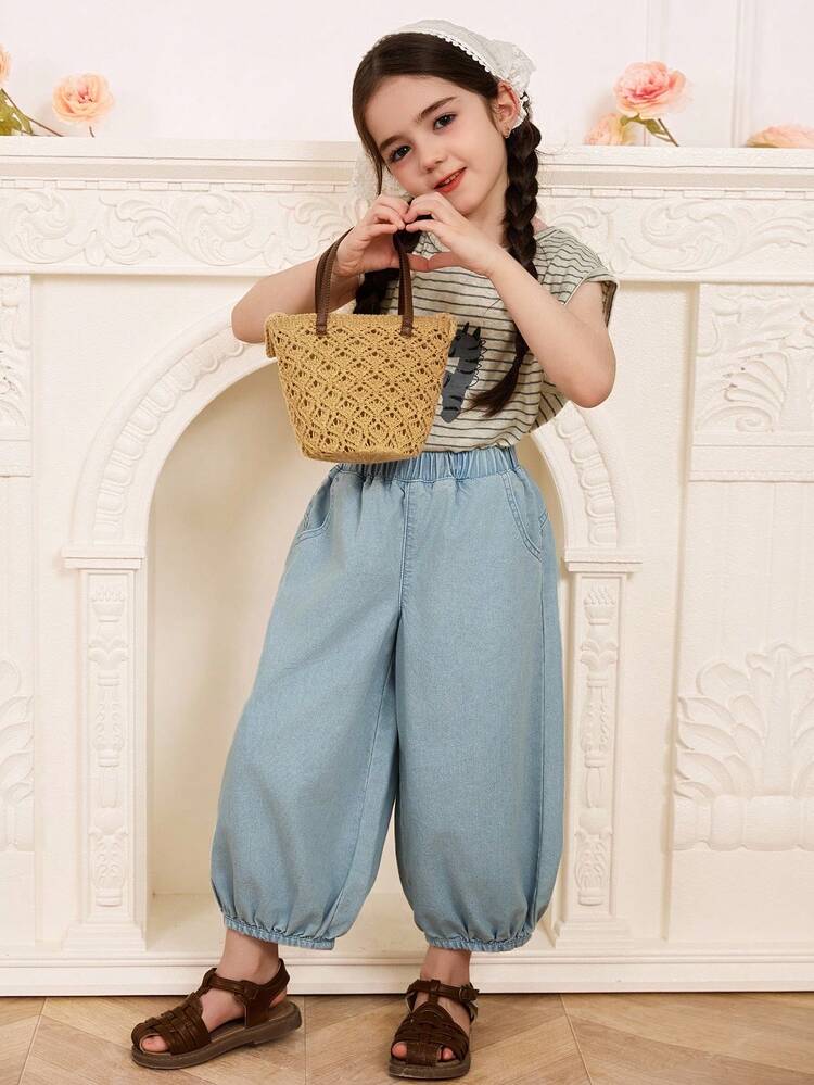 Young Girls Washed Loose Wide-Leg Casual Jeans