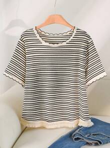 CosyJoli Plus Size Women's Casual Striped Loose Fit Round Neck T-Shirt, Versatile For Summer