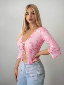 Sweetina Sheer Sequins Embroidered Tie-Front Blouse For Women - Pink - View 1