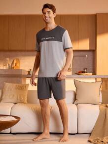 Manfinity Underwear&Sleepwear Basics 2pcs Men Casual Crew Neck Short Sleeve Top And Shorts Pajama Set - Light Grey - View 3