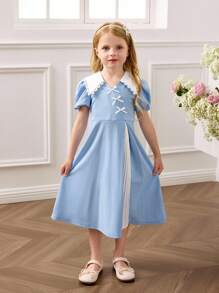 SHEIN Abito attillato da ragazza con colletto Peter Pan a colori contrastanti, lavorato a maglia - Blu - Visualizzare 5