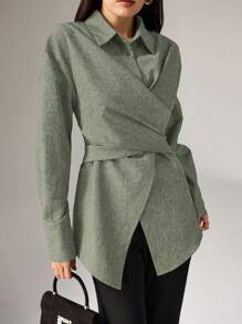 Heiryn Women's Casual/Office Solid Color Cross-Wrap Blouse