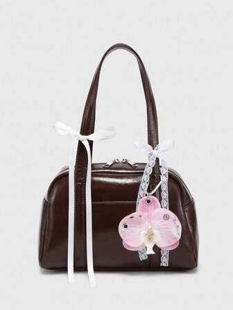 Kawaii Bolso de hombro Boston de bolsillo múltiple con estampado de cuadros vintage, lazo y decoración de corazón de cereza para mujer