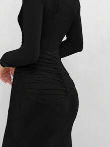 Aloruh Ladies Deep V-Neck Ruched Waist Ruffle Hem Elegant Fitted Long Dress