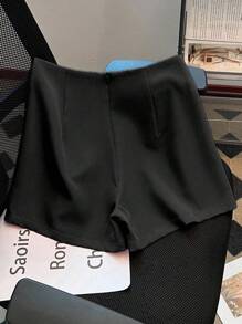 Franclia 休闲高腰纯色百搭女式短裤 - 黑色 - 查看 2