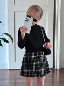 2 件装年轻女孩和年轻女孩高领保暖 T 恤和格子裙套装，女孩秋季休闲装