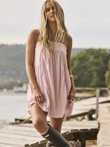 Aralina Summer / Fall Beach Vacation Broderie Trim Baby Doll Pink Mini Dress - Pink - View 2