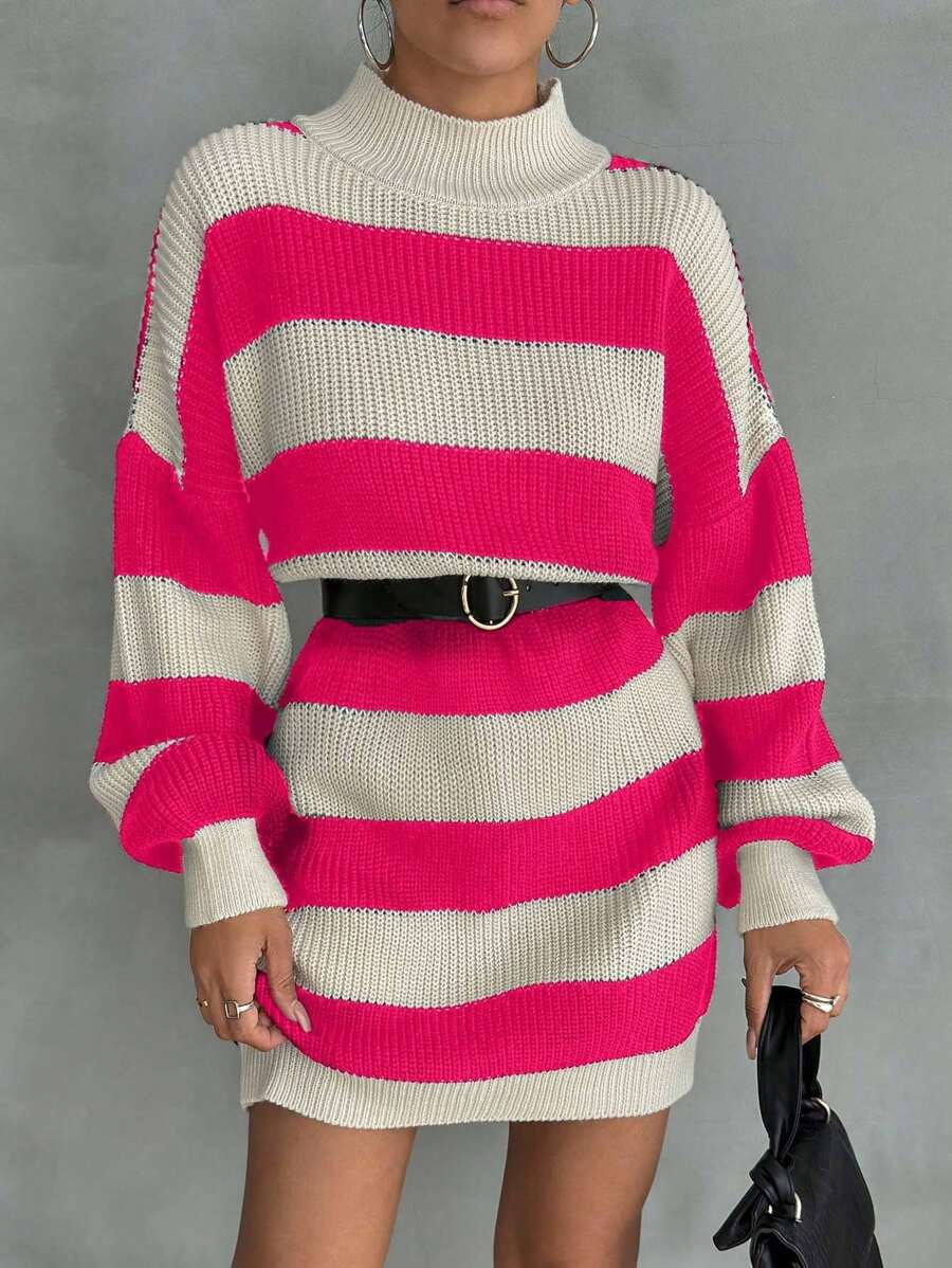 EURMUSE Women Drop Shoulder Sweater Dress With Striped Pattern,Petite - Hot Pink - View 1