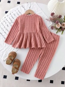Genkimix Kids 2pcs Girls Toddler Kids Knitted Big Ribbed Long Sleeve Crop Top And Long Pants Set, Casual Daily Outfit For Autumn Fall Winter