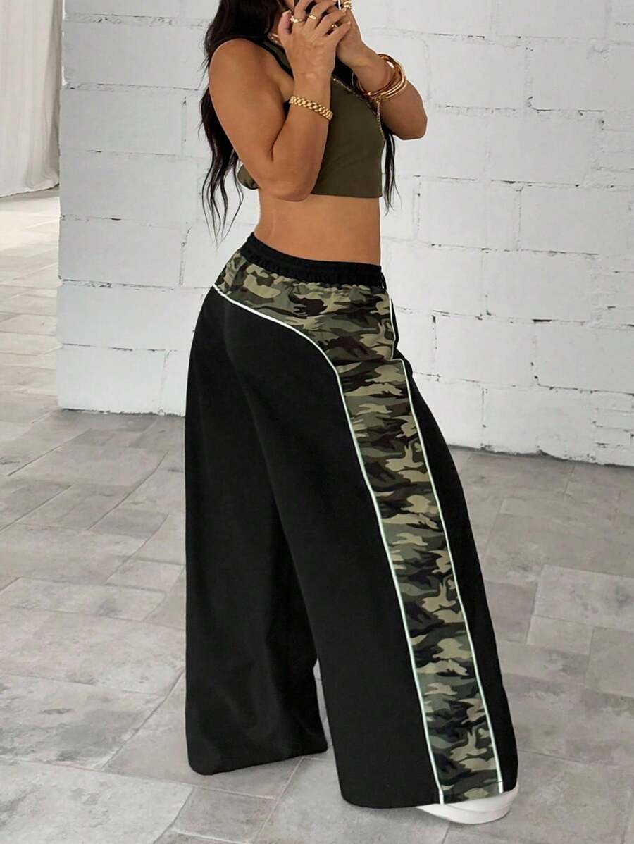 Maweii 大码女式宽松迷彩拼布阔腿喇叭裤