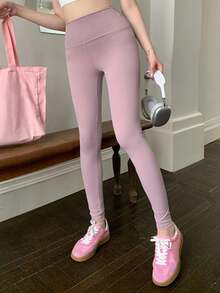 DAZY Quần legging thể thao lưng cao màu trơn thoải mái và thân thiện với da dành cho nữ mùa thu - Hồng - Xem 4