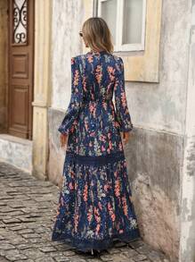 SHEIN VCAY Lace Splice Long Sleeve Cinched Waist Botanical Print Maxi Vacation Dress For Women, Vacation Outfits Women